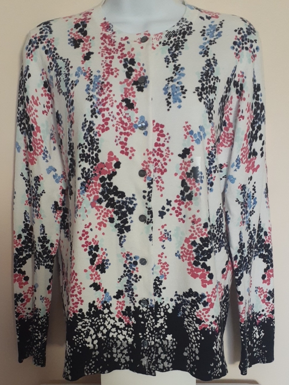 Karen Scott White Cardigan Jacket with Pink, Blue & Black Print - Sz Small